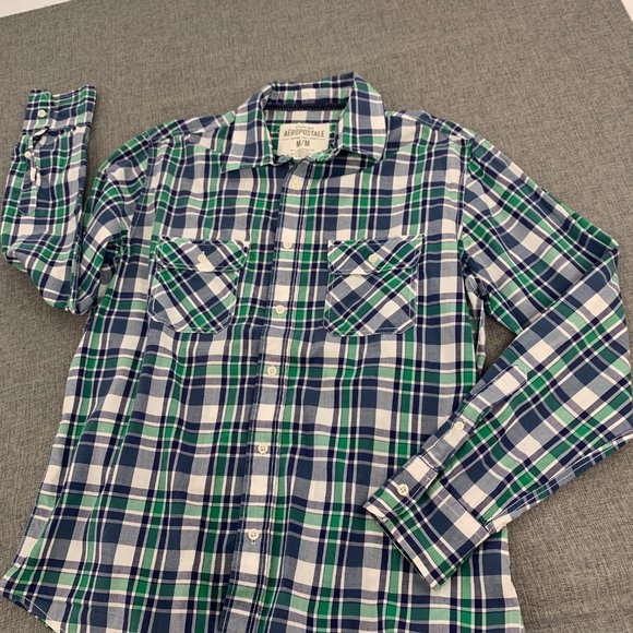 Men's Plaid Aeropostale Button Down Shirt Medium Long Sleeve 100% Cotton Green B - Picture 10 of 15